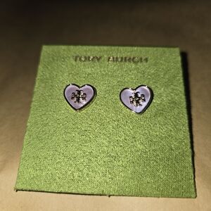 New Tory Burch KIRA HEART STUD Pink EARRINGS w/ TB Earring Card